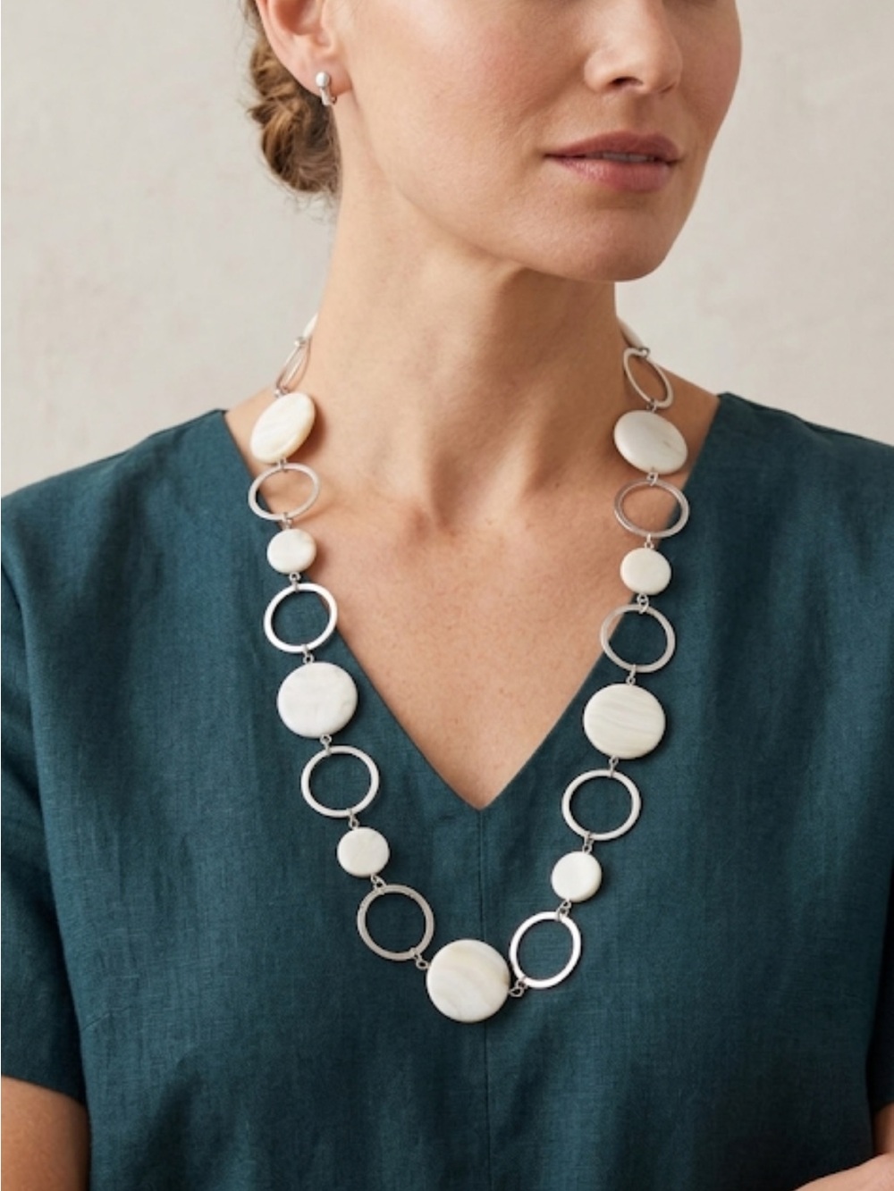 Silver & White Shell Circle Link Necklace - Women Jewelry